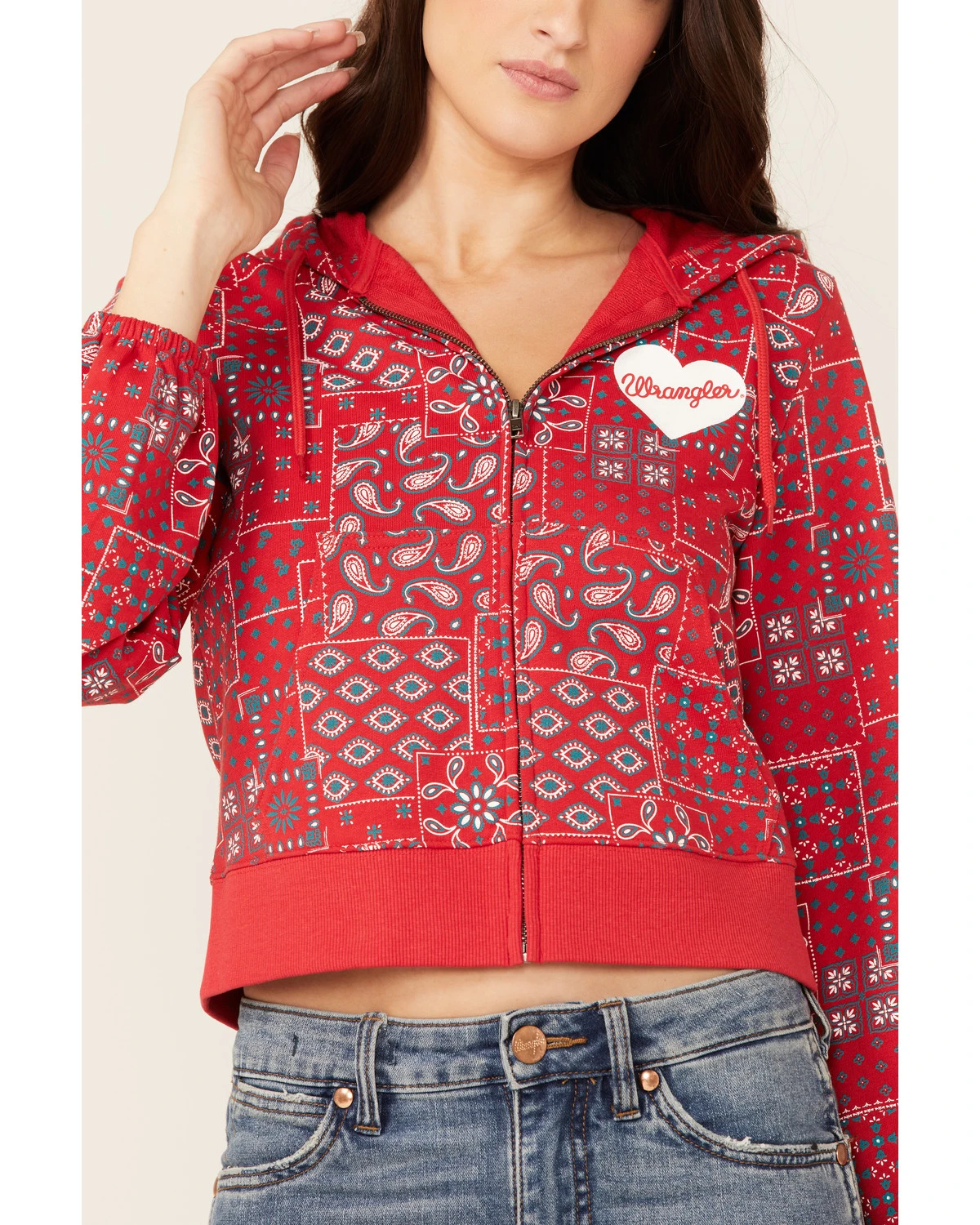 Wrangler Women's Bandana Print Red Crop Zip Hooded Jacket 4 Wrangler Women's Bandana Print Red Crop Zip Hooded Jacket - Image 2