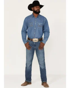 Wrangler Retro Green Men's Faded Indigo Medium Wash Stretch Slim Straight Jeans